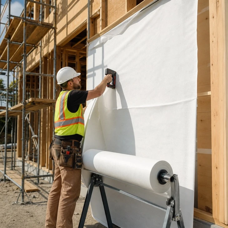 Worker installing breathable building membrane on timber frame wall