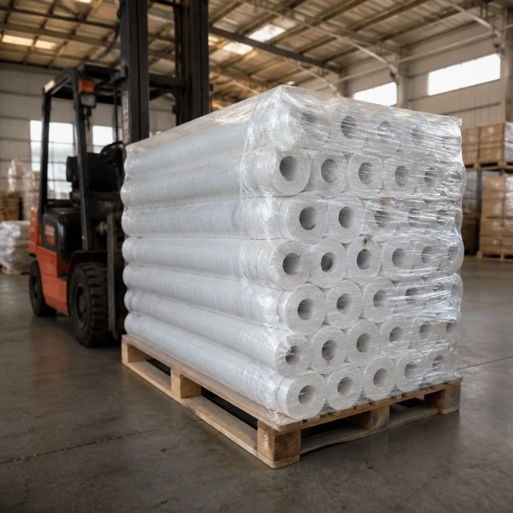 Breathable membrane rolls palletised and shrink-wrapped ready for export